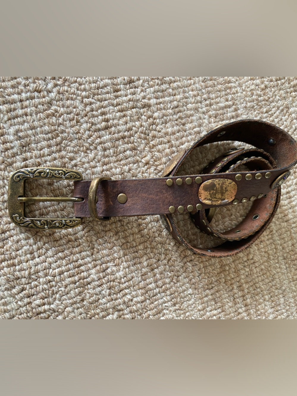 Leatherock Brown Leather Belt with Brass and Copper Studs Decorative Buckle
